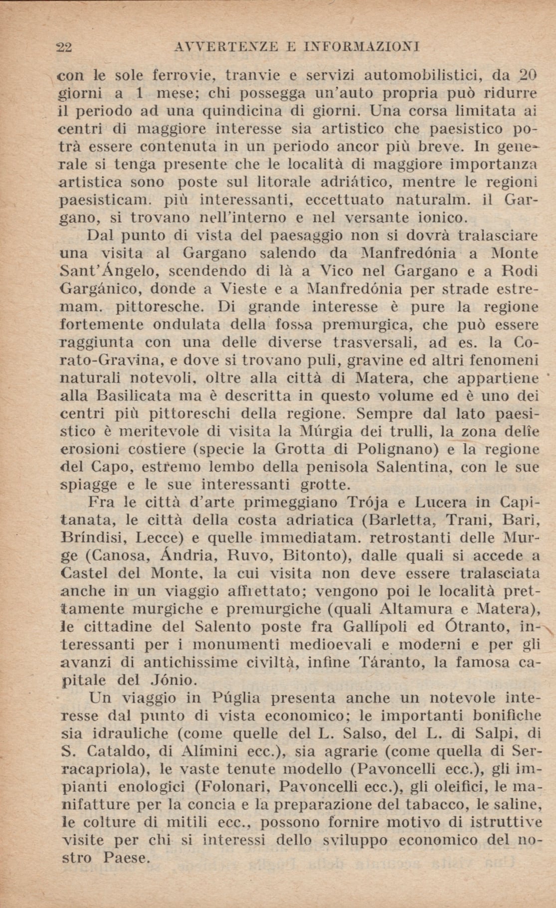 Il volume "Italia meridionale" della collana Guida d'Italia, 1926: un dettaglio sull'itinerario in Puglia, comprendente Matera e la zona delle Murge