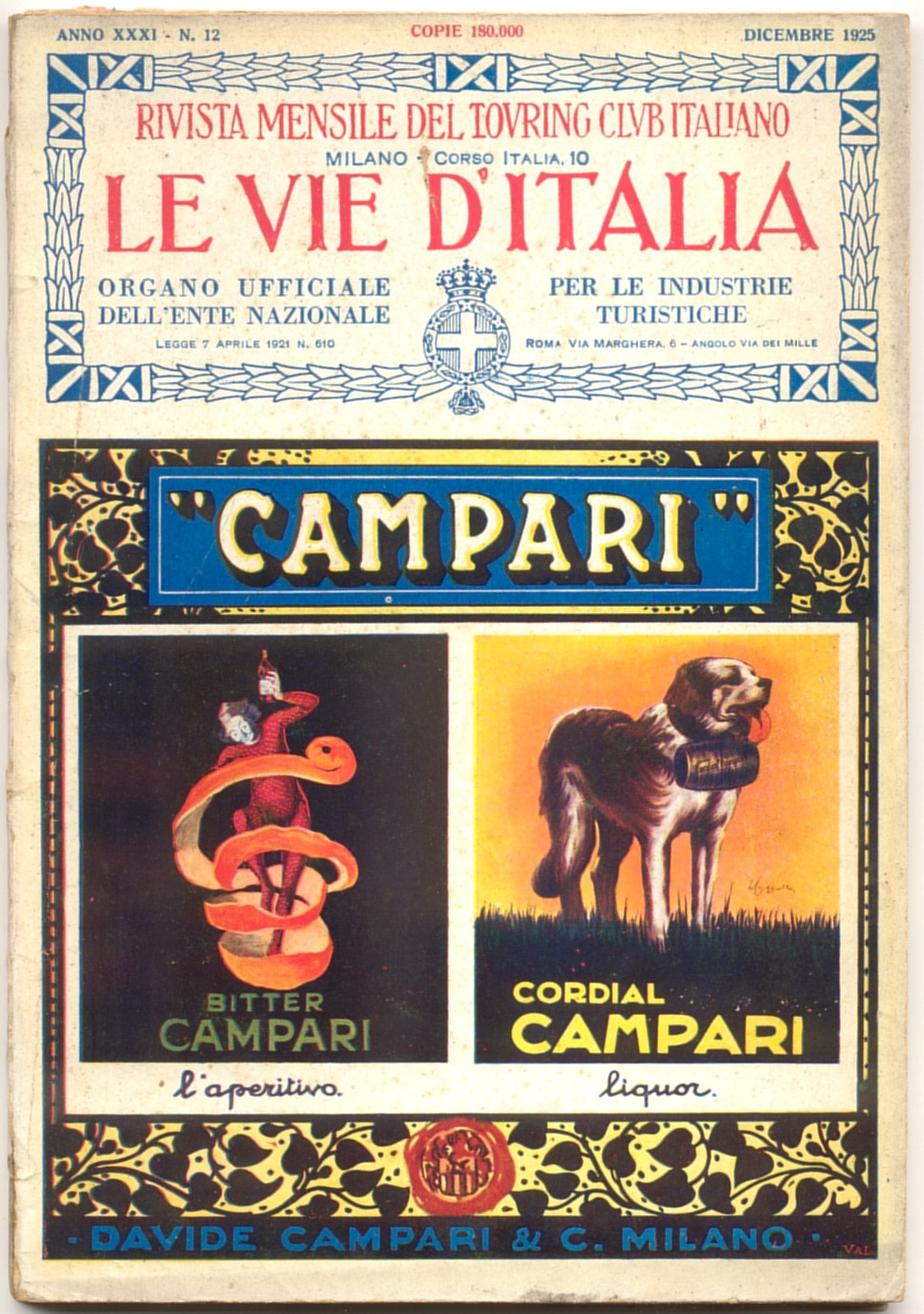 Le Vie d'Italia, dicembre 1925: la pubblicità per il Cordial Campari disegnata da Adolfo Hohenstein