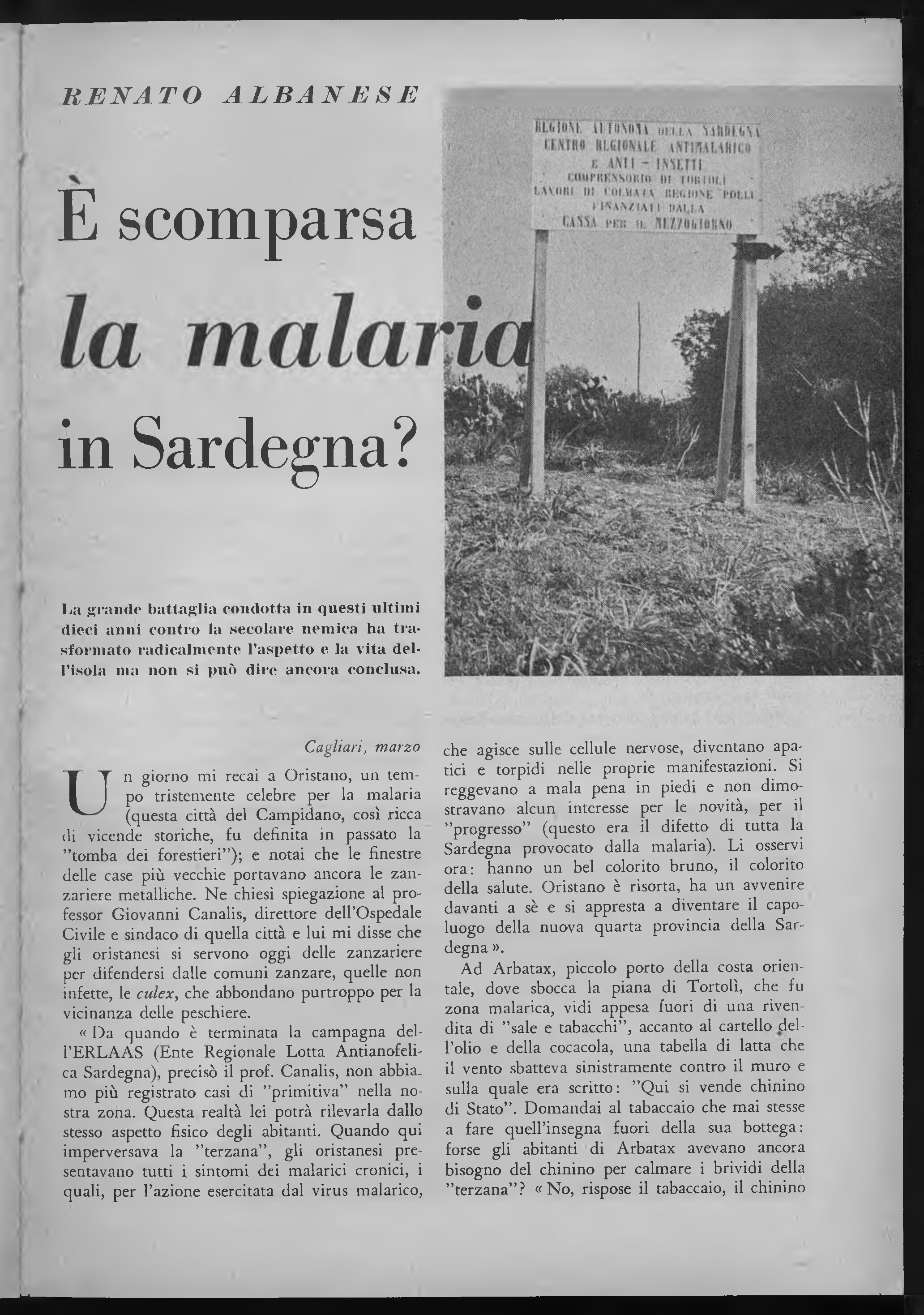 É scomparsa la malaria in Sardegna?, Vie d'Italia, aprile 1956