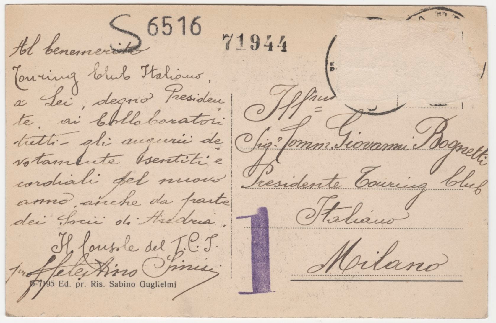 Una cartolina inviata a Giovanni Bognetti, Presidente Touring dal 1926 al 1935, dai soci TCI di Andria